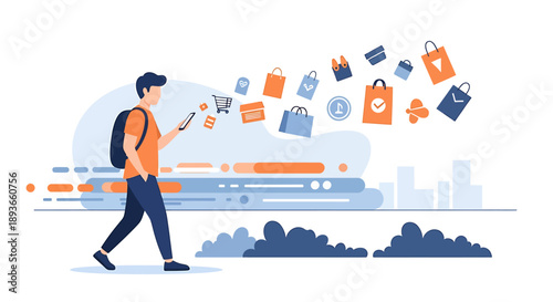 Man with backpack uses smartphone for online shopping with shopping bags flying out.