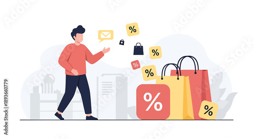 Man with Shopping Bags and Percentage Symbols.
