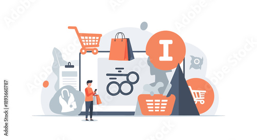 Online shopping concept with small person and shopping cart icons.