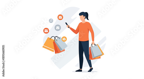 Woman holding phone and shopping bags illustration.
