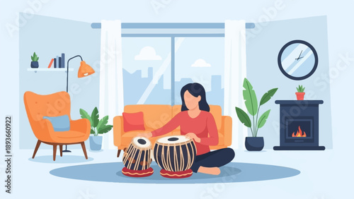 Woman playing tabla in a cozy room with a fireplace and city view
