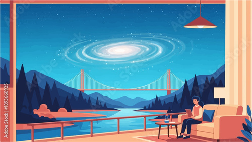 Person relaxing indoors, tablet in hand, gazing at a cosmic bridge scene