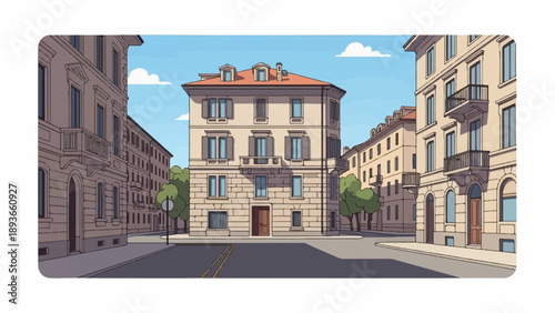 Stylized cartoon of a street scene with ornate, multi-story buildings and trees