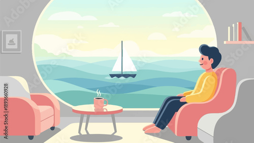 Person relaxing indoors, gazing at ocean with sailboat and sunrise
