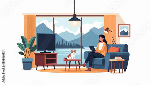Person relaxing on couch with dog and tablet, overlooking a scenic mountain lake view