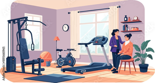 Two women interact in a home gym with various exercise machines, a clock, and plants