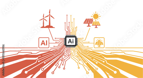 Artificial intelligence powering renewable energy sources like wind turbines and solar panels with circuit board pathways