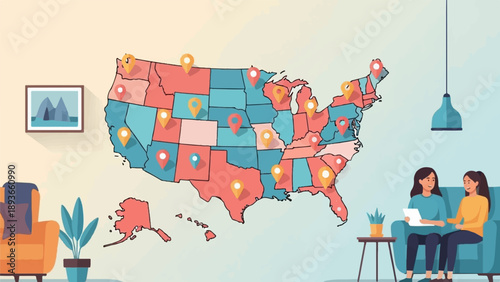 Two women look at a digital tablet next to a US map with pins