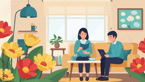 People relax at home with books, laptops and vibrant flowers indoors