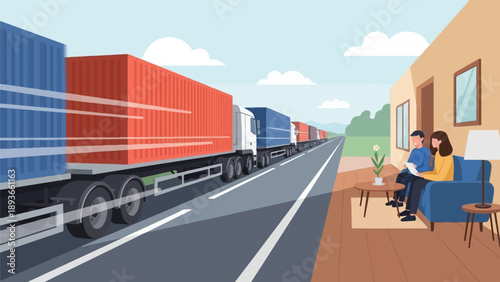 People relax at home as a line of trucks transports goods on a highway