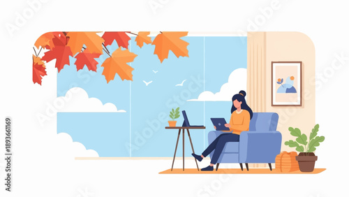 Person working on a tablet near a window with autumn leaves outside