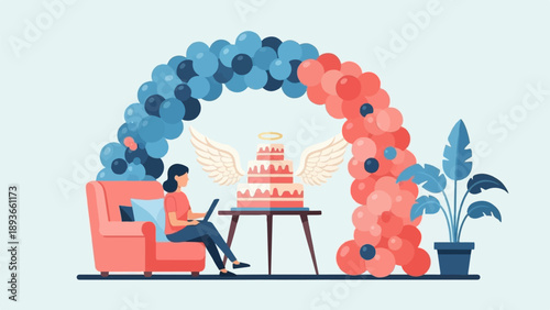 Person on sofa using laptop near a tiered cake with wings and halo, amidst balloons
