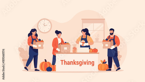 People preparing for Thanksgiving, arranging harvest and supplies