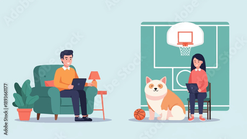 Person on sofa, person on chair with dog and basketball court