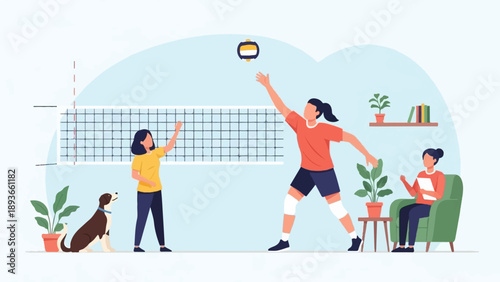 People playing volleyball indoors with a dog and a person relaxing