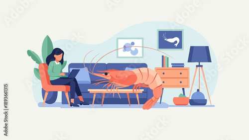 Person working on laptop in living room with large shrimp