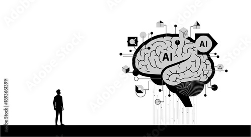 Silhouette of a person looking at a stylized brain with AI symbols and data connections