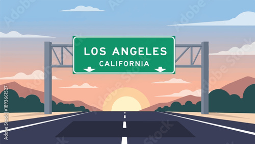 Highway sign welcomes travelers to Los Angeles, California at sunset
