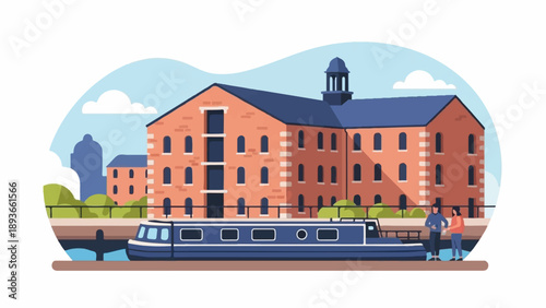 Illustration of a canal scene with a narrowboat and brick buildings