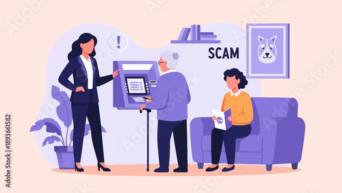 Illustration of people at ATM with scam warning