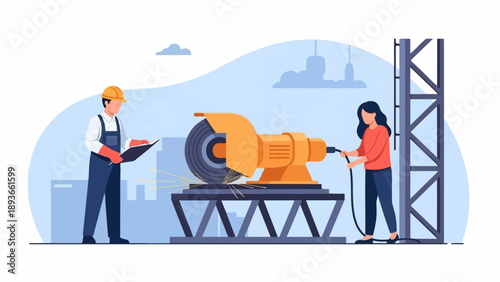 Industrial workers, male and female, operate a grinding machine