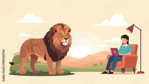 Majestic lion stands before a person working on a laptop in a cozy room