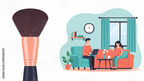 Makeup brush with couple working on laptops in living room