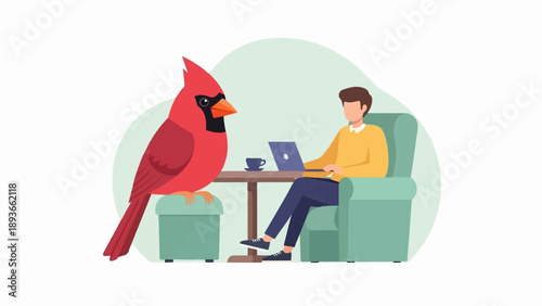 Person working on laptop near a cardinal