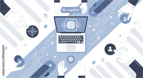 Team collaborating around AI copilot on laptop, symbolizing digital transformation and innovation