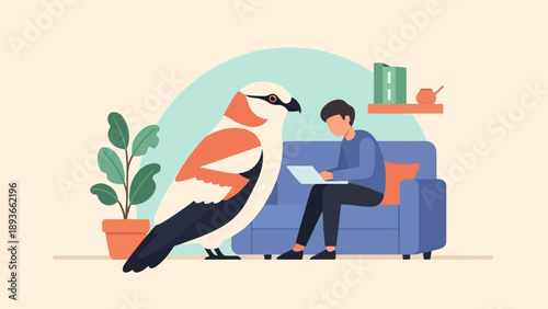 Person on couch with laptop, large bird and plant in room