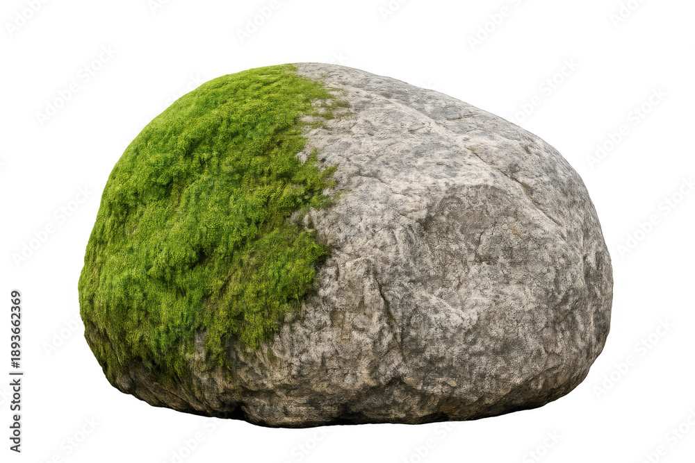 Obraz premium Round gray rock with vibrant green moss growing on one side, isolated natural stone element with transparent background