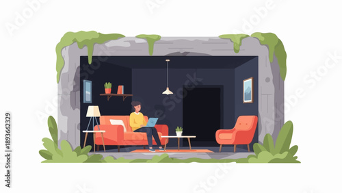 Person works on laptop in cozy room surrounded by nature