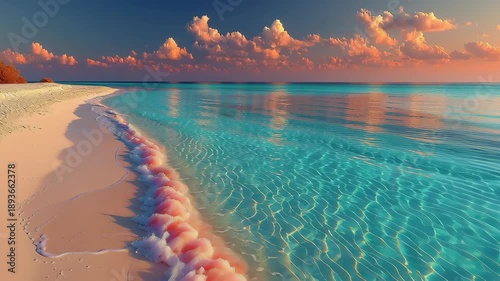 A stunning tropical beach at sunset showcasing the beautiful colors of the sky reflected on the tranquil, crystal-clear waters. the soft pink and orange hues blend with the white sandy shore, creating