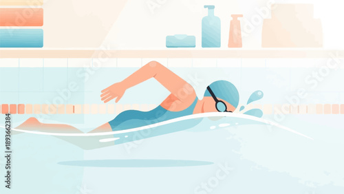 Stylized swimmer in a blue swimsuit, cap, and goggles glides through clear pool water