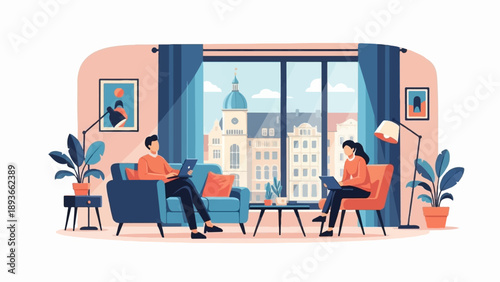 Two people work on laptops from home with a cityscape view