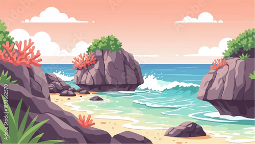 Pixel art beach scene with coral, rocks, and crashing waves