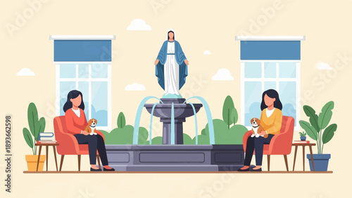 Two women sit with dogs by a fountain with a statue of Mary, under windows