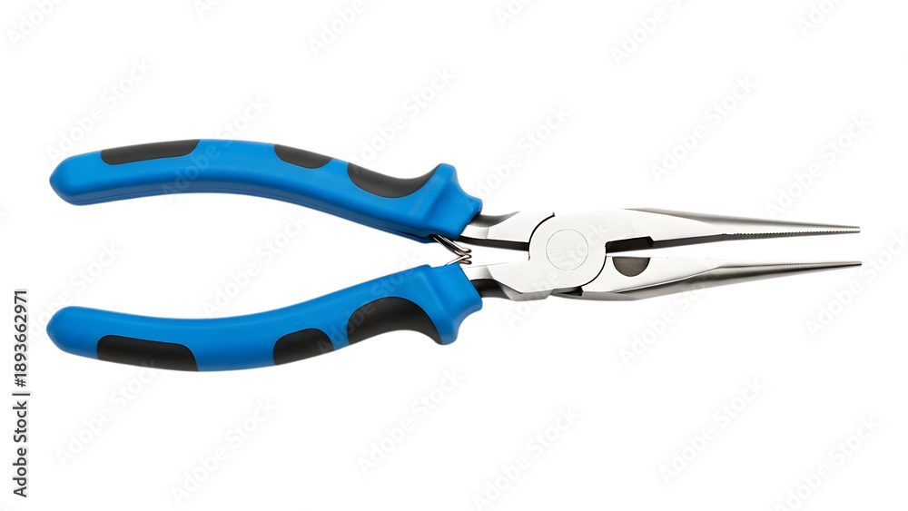 Fototapeta premium Precision pliers with blue ergonomic handles and sharp metal tips for gripping small objects and wire cutting on a white background