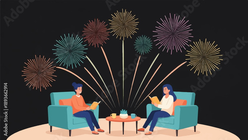 Two people relax in chairs watching colorful fireworks