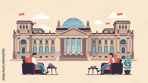 Two people relax in chairs before a large, domed governmental building