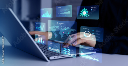 Cuadro en lienzo Young professional businessman analyzing digital financial dashboard with hologram market data