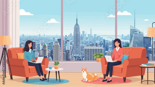 Pixel art illustration of two women working on laptops in an apartment overlooking city skyline