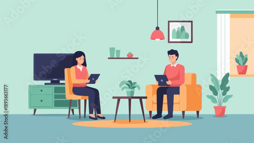 Two people relax in armchairs, each holding a tablet, in a cozy living room