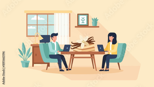 Two people work on laptops in a room with vanilla beans on a table