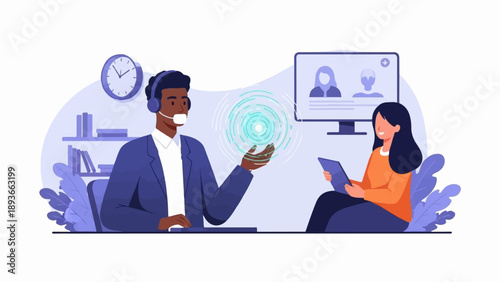 People interacting with digital interface and video call