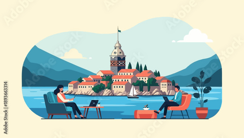 People working remotely with a scenic island view and a distant tower