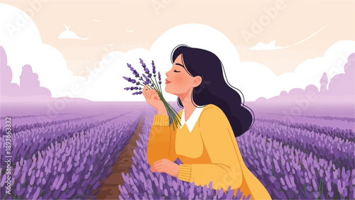 Woman smelling lavender in a field at sunset
