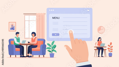 People interacting with a digital menu interface and working on laptops in a casual setting