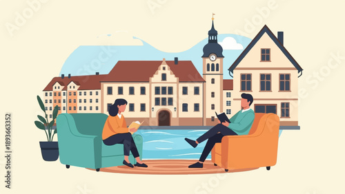 Two people reading by a riverside town with a clock tower