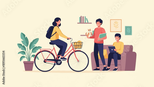 People interacting with a pet and technology indoors and outdoors